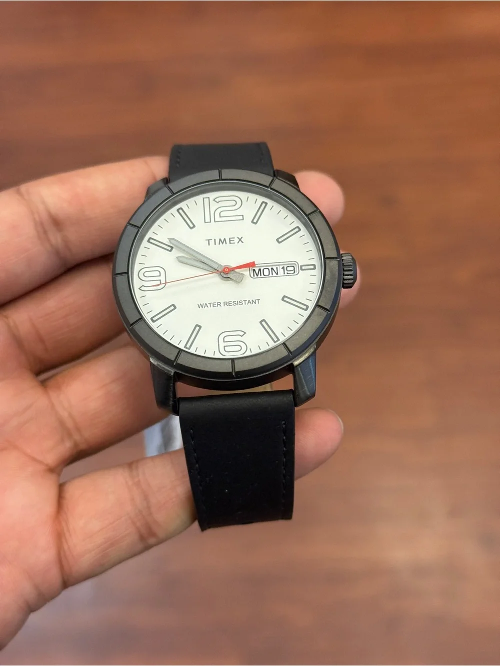 Timex Black Leather Strap Watch with White Dial and Red Seconds Hand Mens Watch